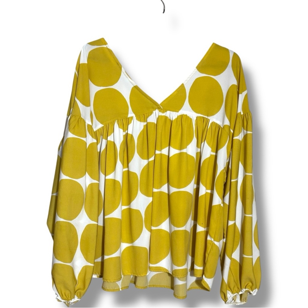 Ces Femme Yellow and White Long Balloon Sleeve Lightweight Flowy V-Neck Blouse - Picture 16 of 16